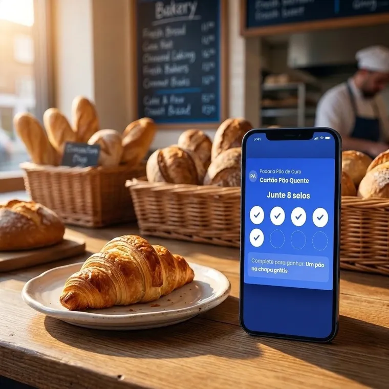 Padaria com o cartão de selos do Fideligente no celular